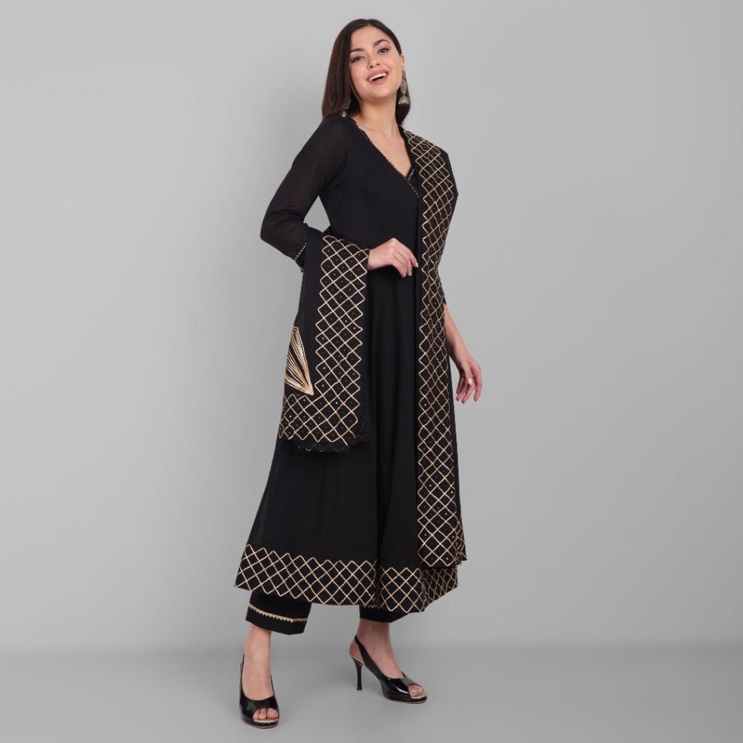 Amreen Gold and Black Angrakha with Handwork Dupatta