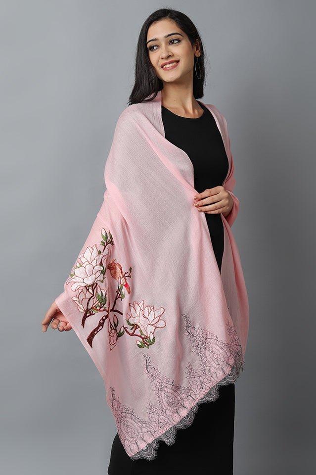 Baby Pink Bird Pashmina Cashmere Stole