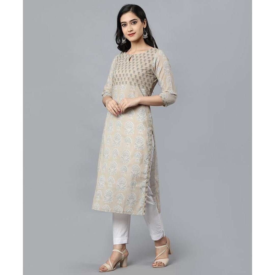 Beige Buta Cotton Long Kurta