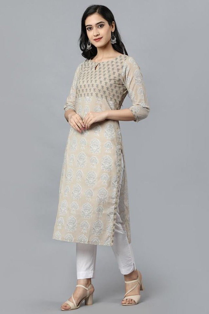 Beige Buta Cotton Long Kurta