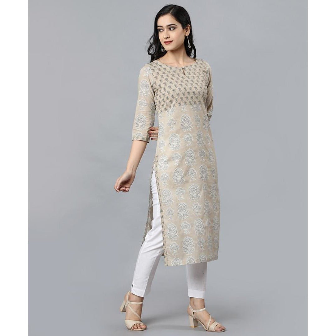 Beige Buta Cotton Long Kurta