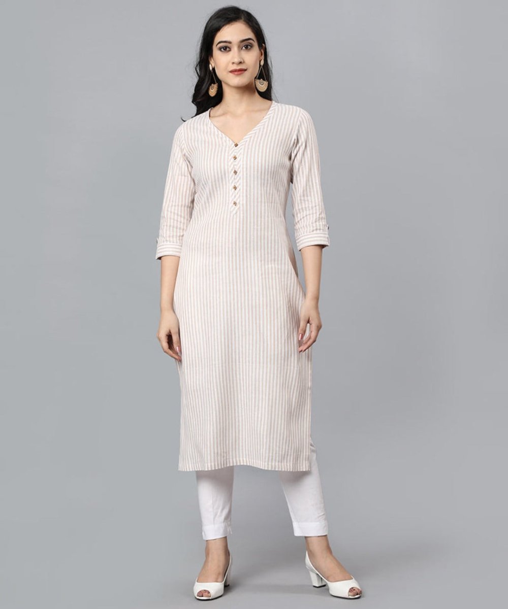 Beige V Neck Candy Cane Kurta