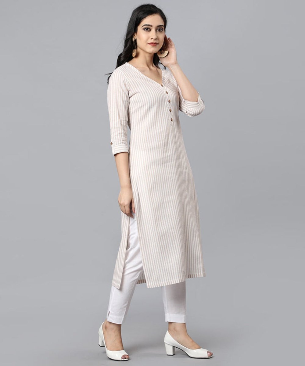 Beige V Neck Candy Cane Kurta