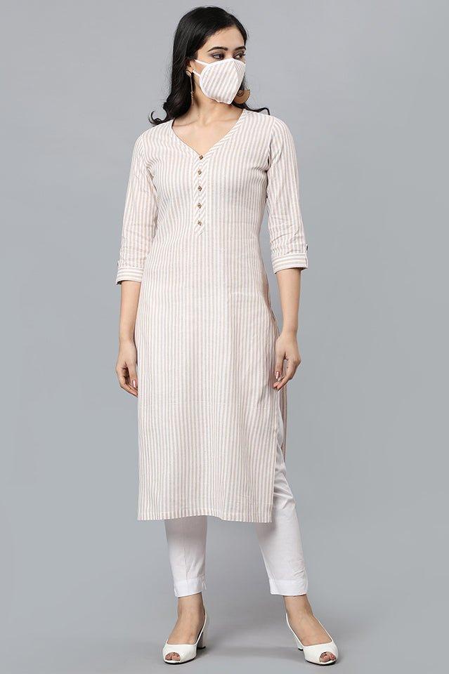 Beige V Neck Candy Cane Kurta Online