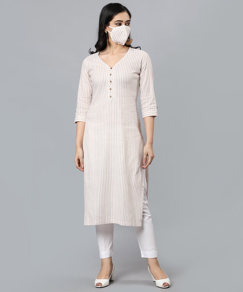 Beige V Neck Candy Cane Kurta