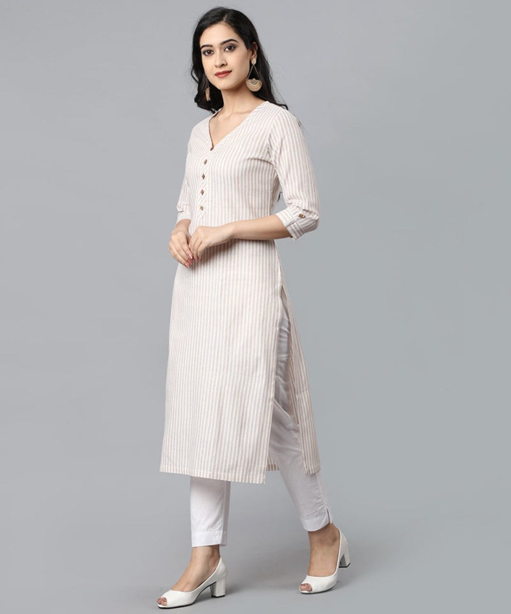 Beige V Neck Candy Cane Kurta