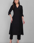 Black A-line Textured Cotton Silk Set