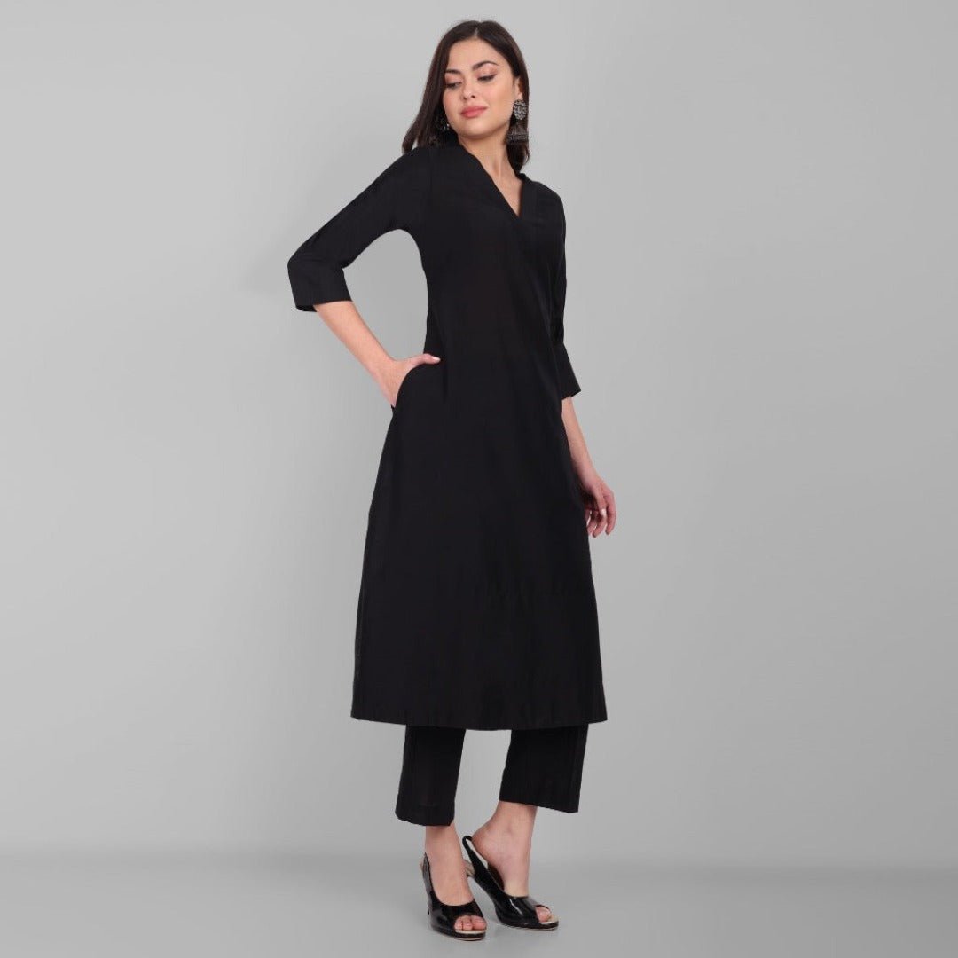 Black A-line Textured Cotton Silk Set