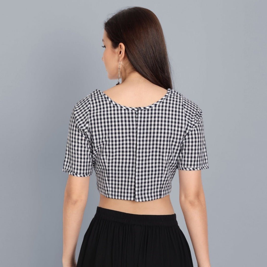 Black and White Check Gathered Blouse