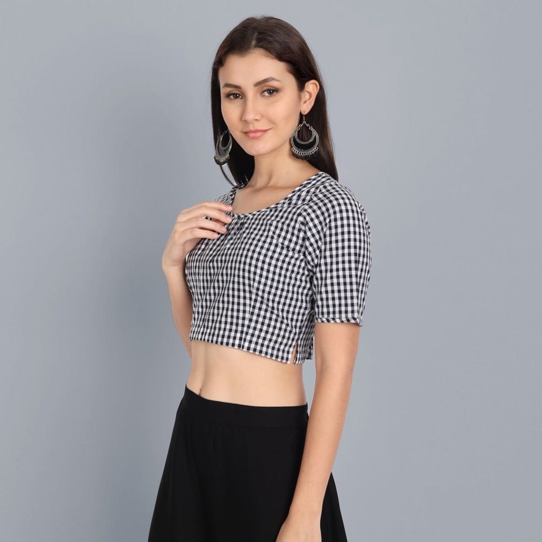 Black and White Check Gathered Blouse