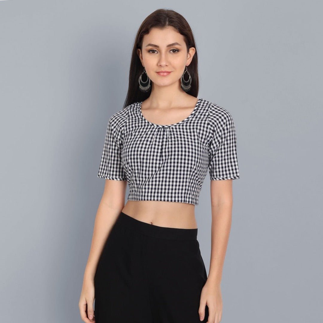 Black and White Check Gathered Blouse