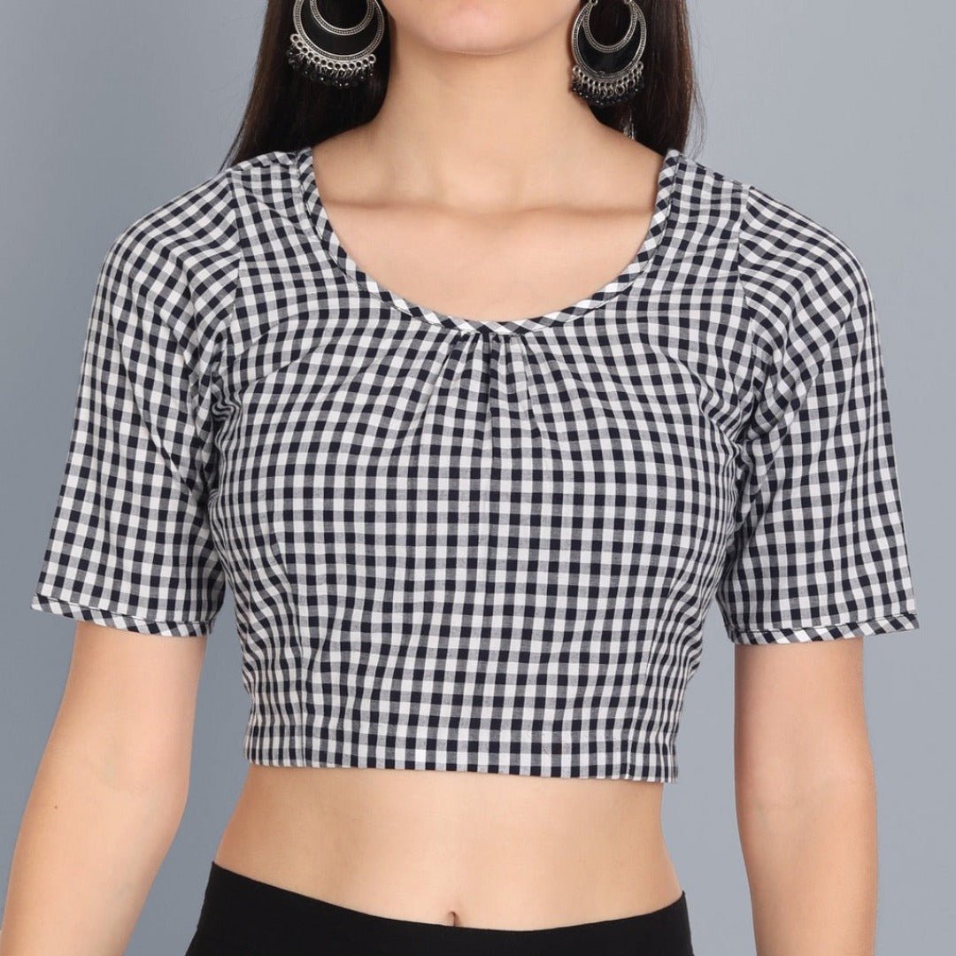 Black and White Check Gathered Blouse