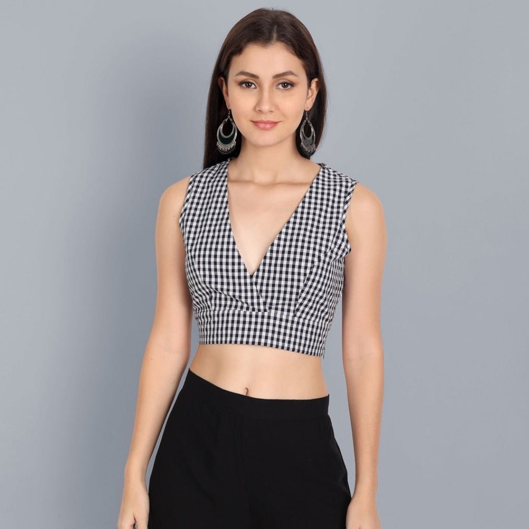 Black and white Check V Neck Blouse