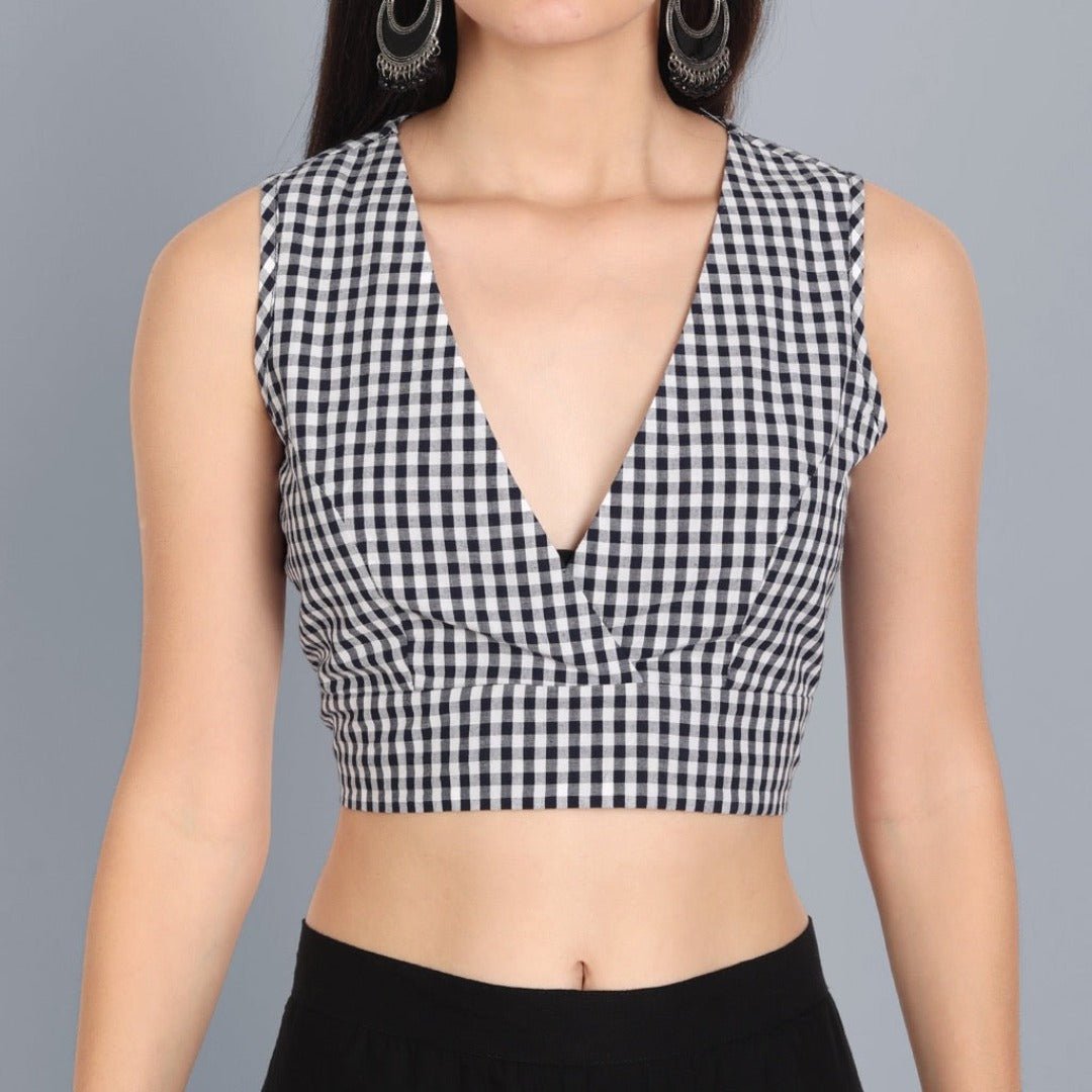 Black and white Check V Neck Blouse