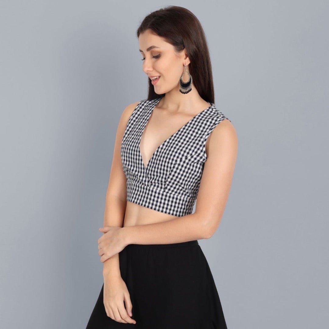 Black and white Check V Neck Blouse