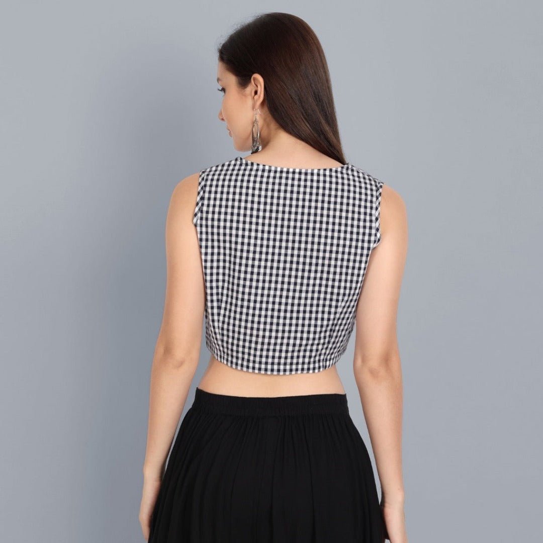 Black and white Check V Neck Blouse