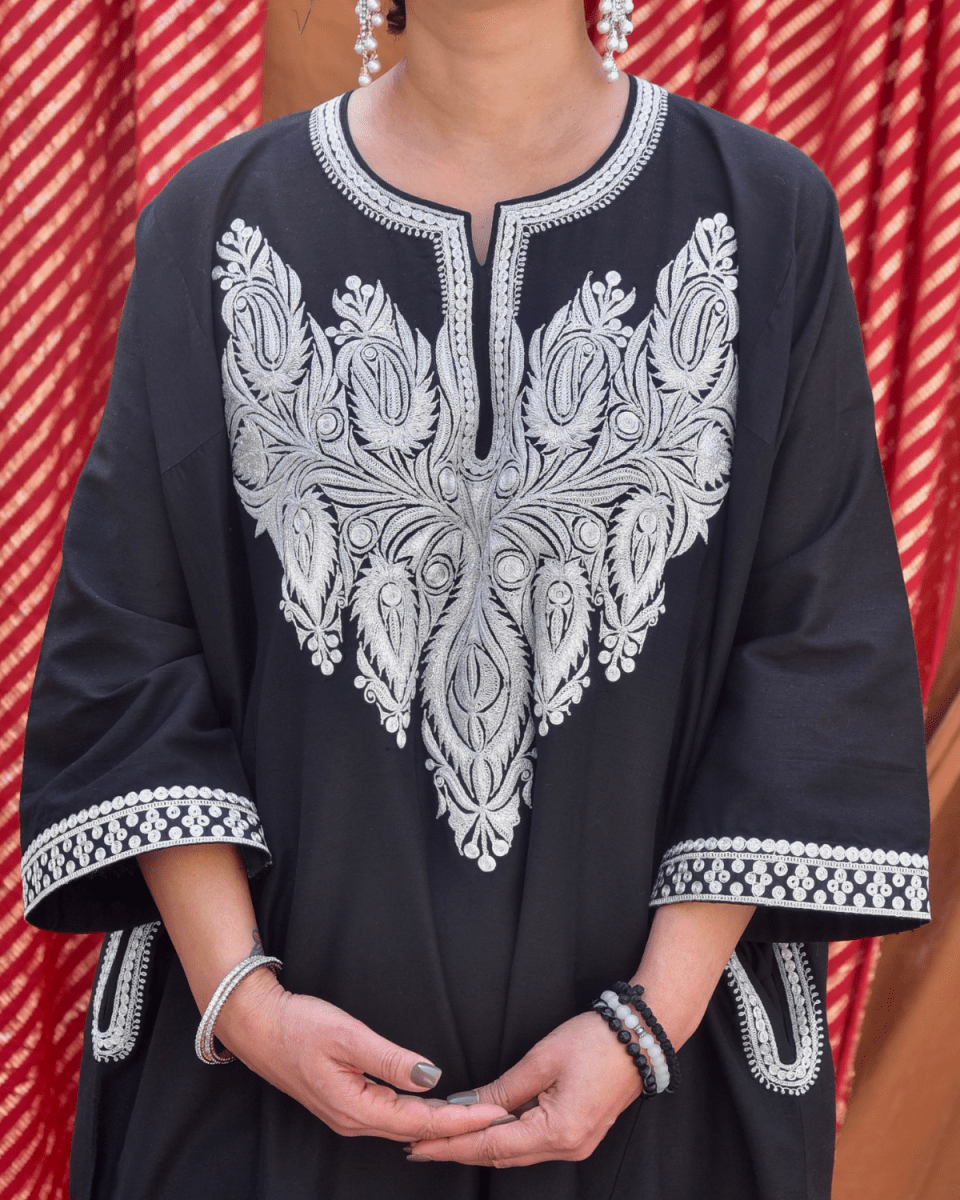 Black Phiran with Silver Tilla Embroidery