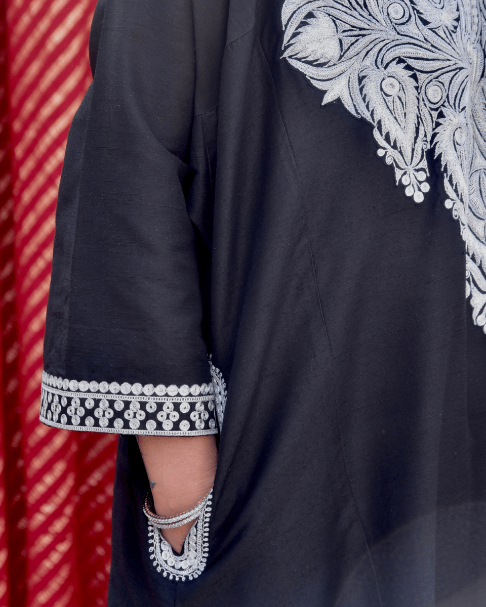 Black Phiran with Silver Tilla Embroidery