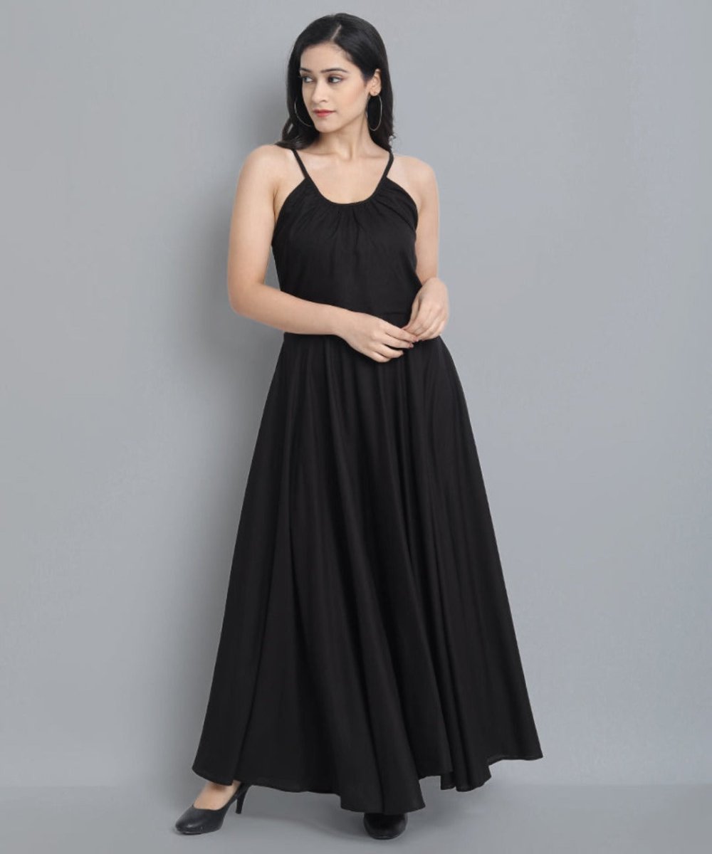 Ethnic Black Rayon Long Dress