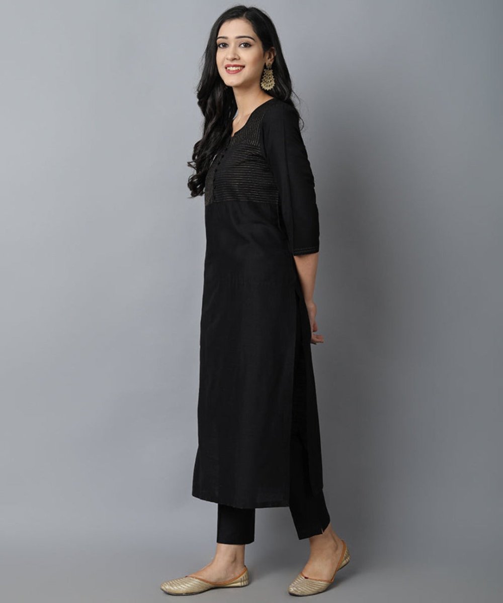 Black Textured Silk Sonapani Kurta &amp; Pants Set