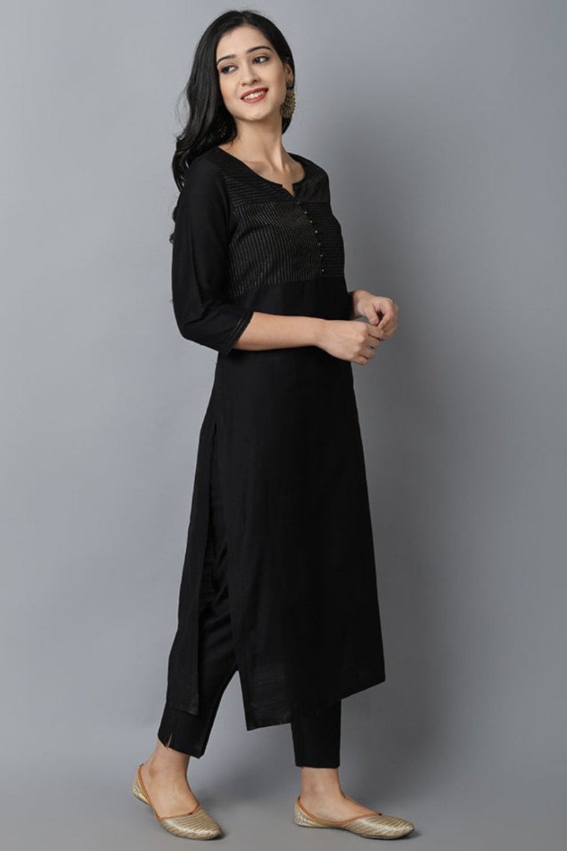 Black Textured Silk Sonapani Kurta & Pants Set