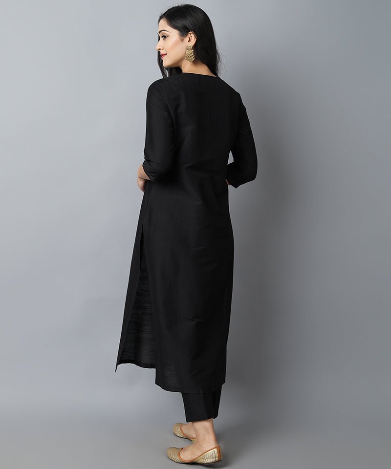 Black Textured Silk Sonapani Kurta &amp; Pants Set