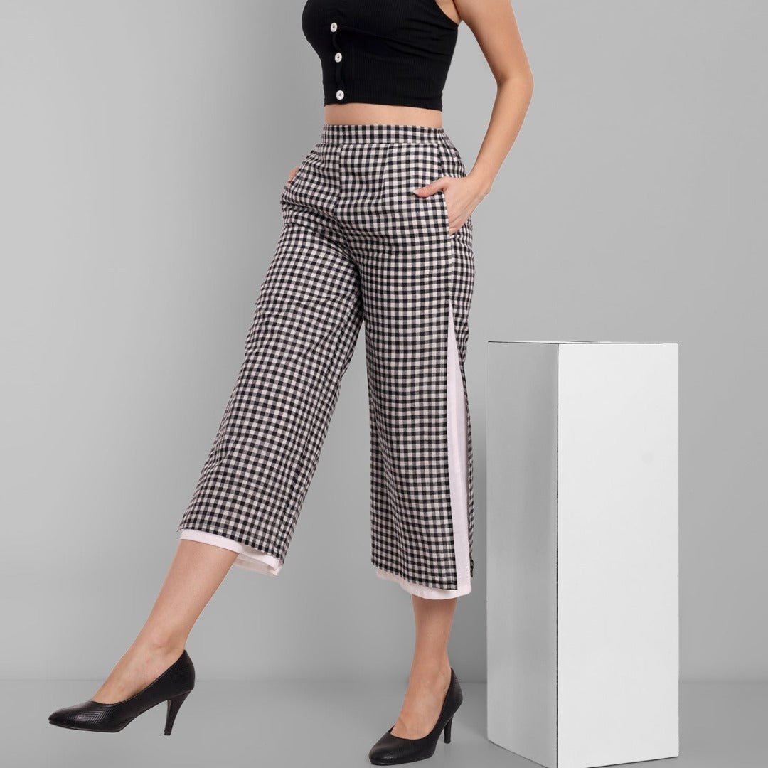 Black &amp; White Checked Ankle Length Pants