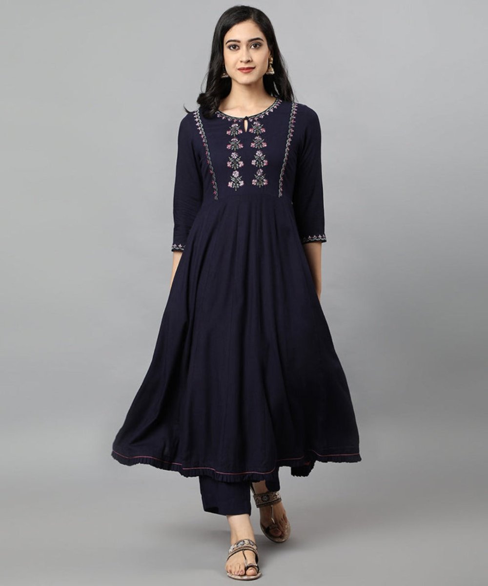 Blue Anara Embroidered Rayon Kurta Dress