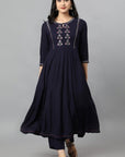 Blue Anara Embroidered Rayon Kurta Dress