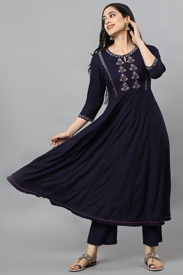 Blue Anara Embroidered Rayon Kurta Dress