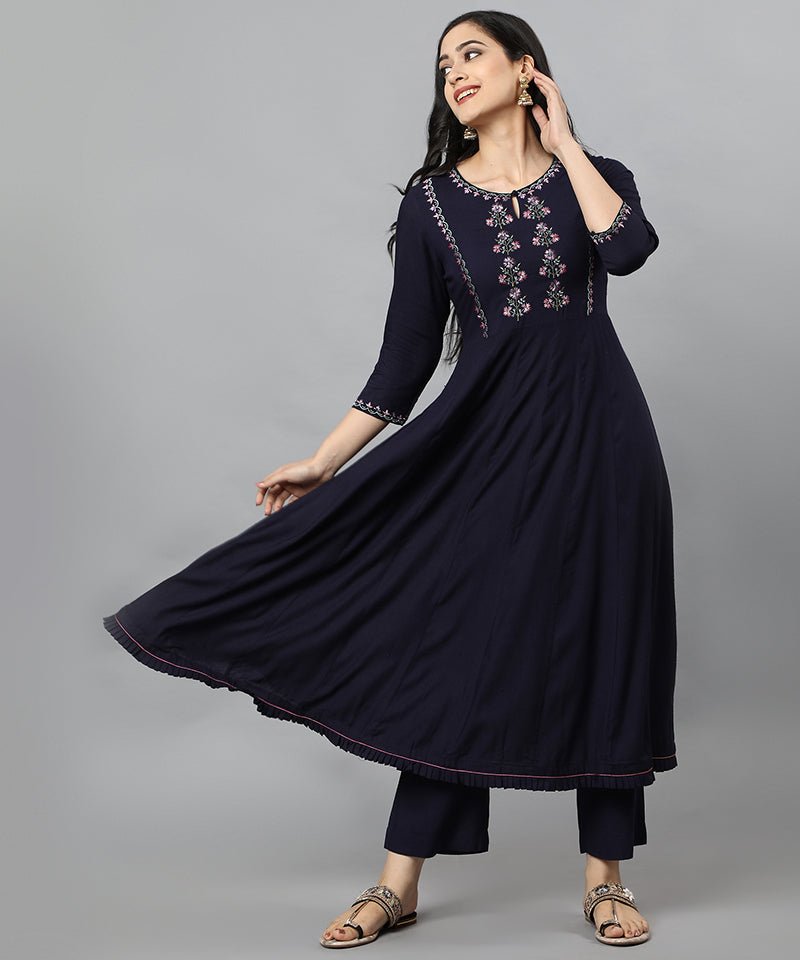 Blue Anara Embroidered Rayon Kurta Dress