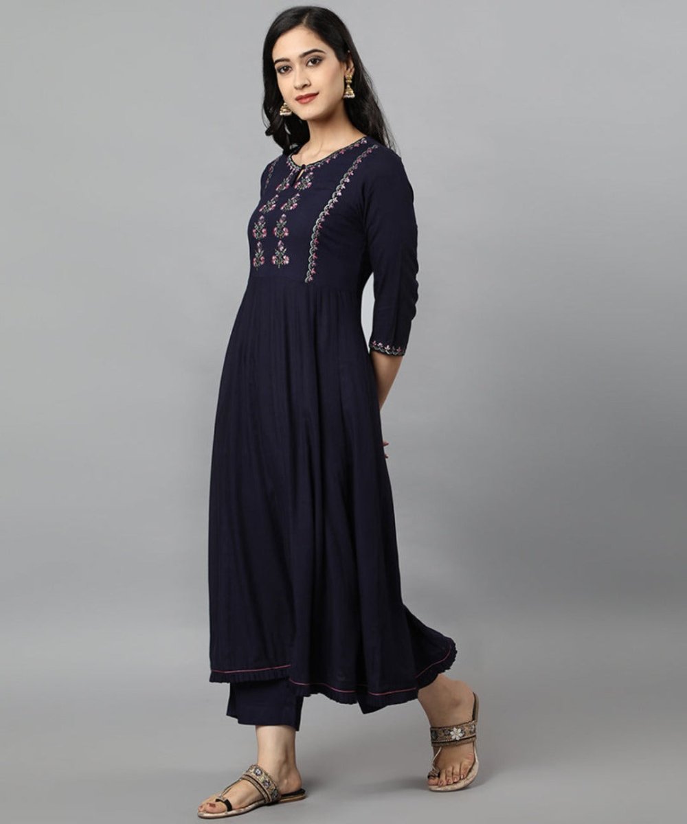 Blue Anara Embroidered Rayon Kurta Dress