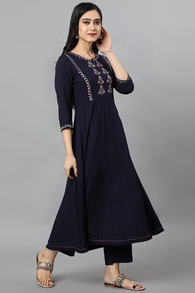 Blue Anara Embroidered Rayon Kurta Dress