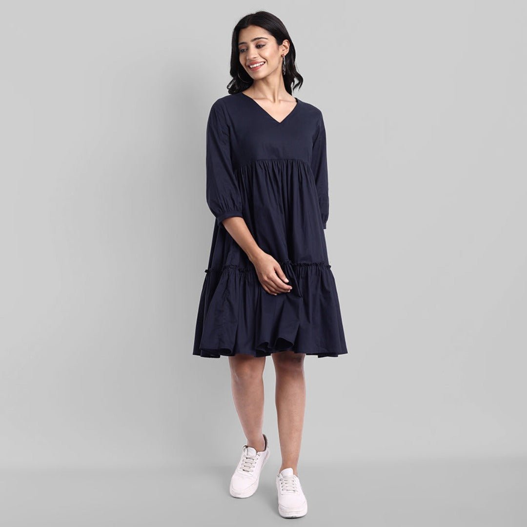 Blue Mul Cotton Graduated V-Neck Dress