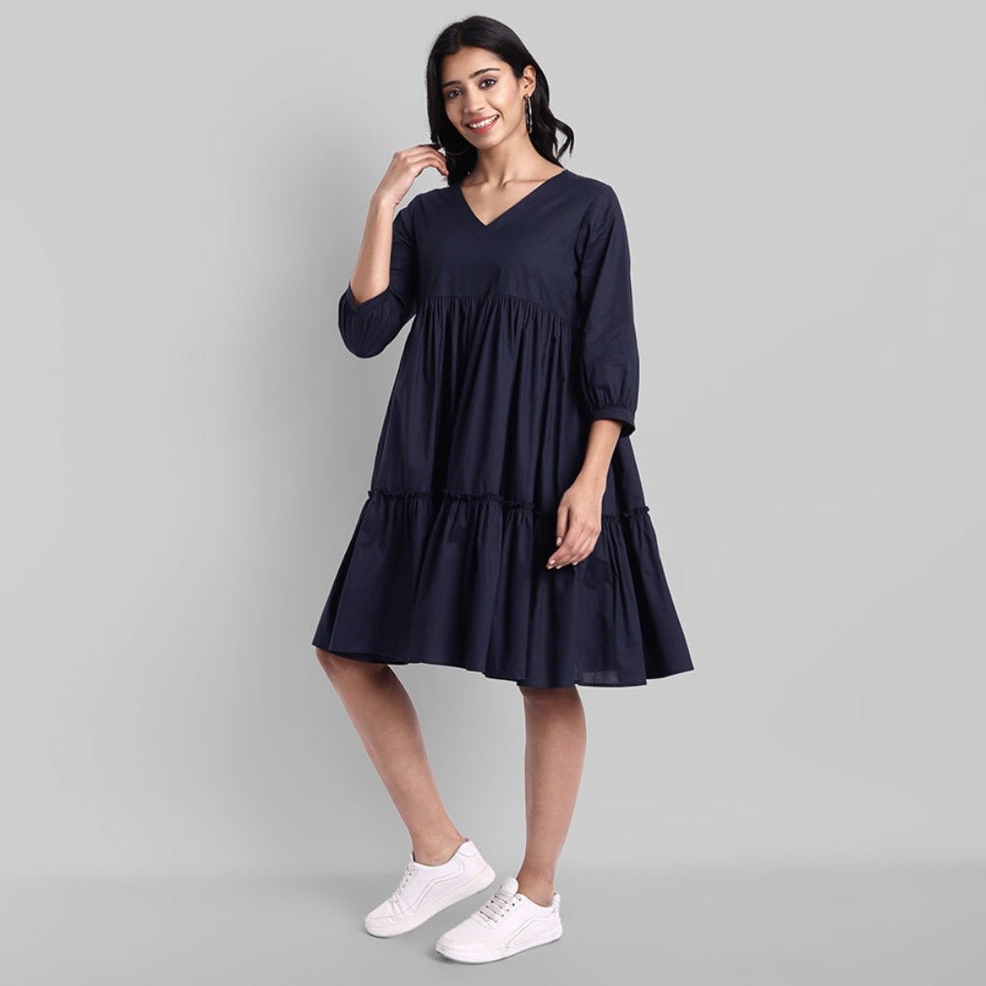 Blue Mul Cotton Graduated V-Neck Dress