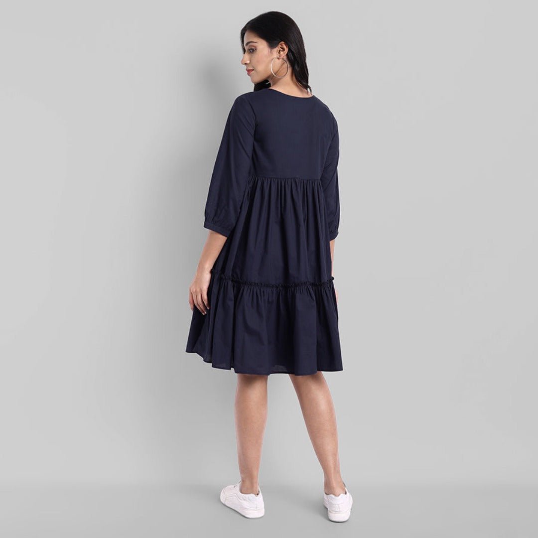 Blue Mul Cotton Graduated V-Neck Dress