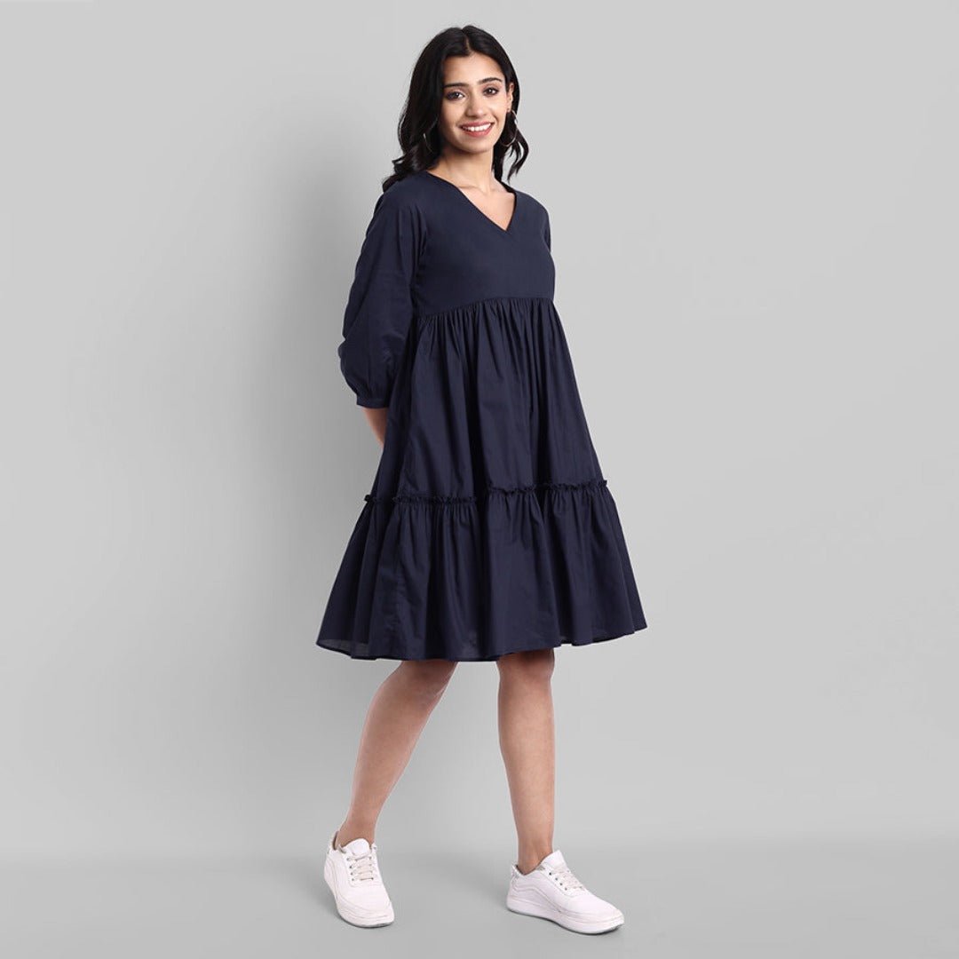 Blue Mul Cotton Graduated V-Neck Dress