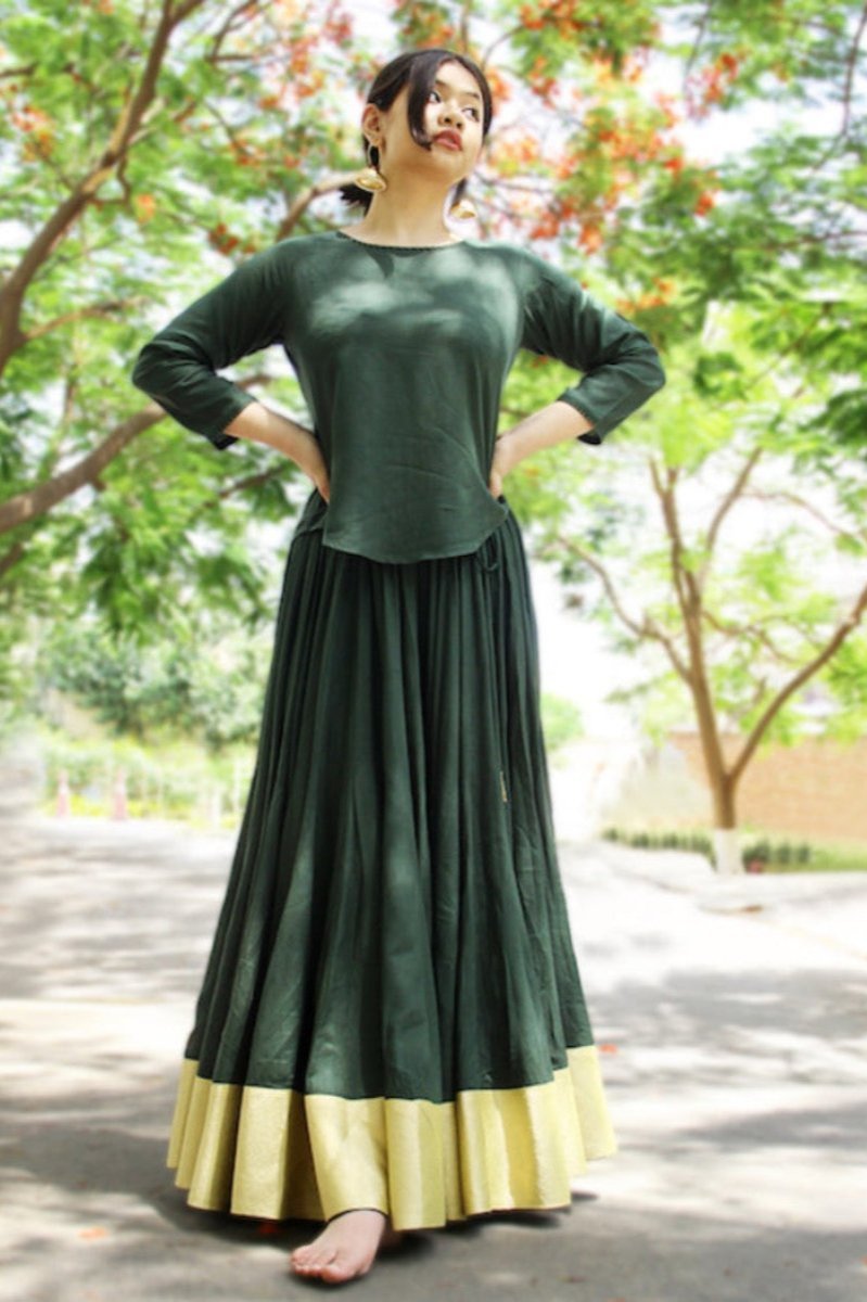 Bottle Green Kalidar Skirt & Crop Top