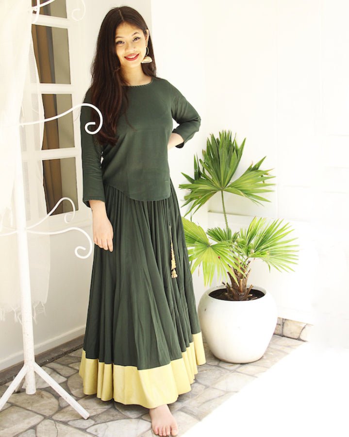 Bottle Green 100 Kalidar Skirt & Crop Top