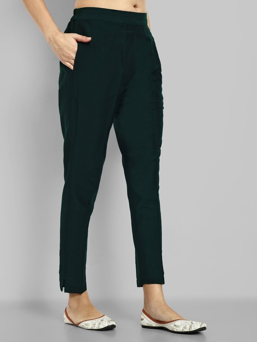 Bottle Green Straight Cotton Silk Pant with Pockets