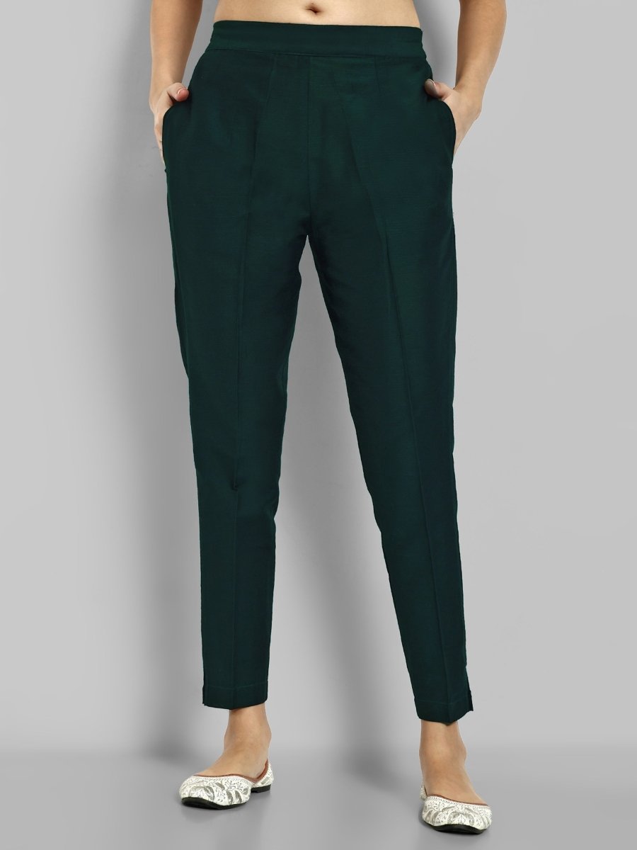 Bottle Green Straight Cotton Silk Pant with Pockets