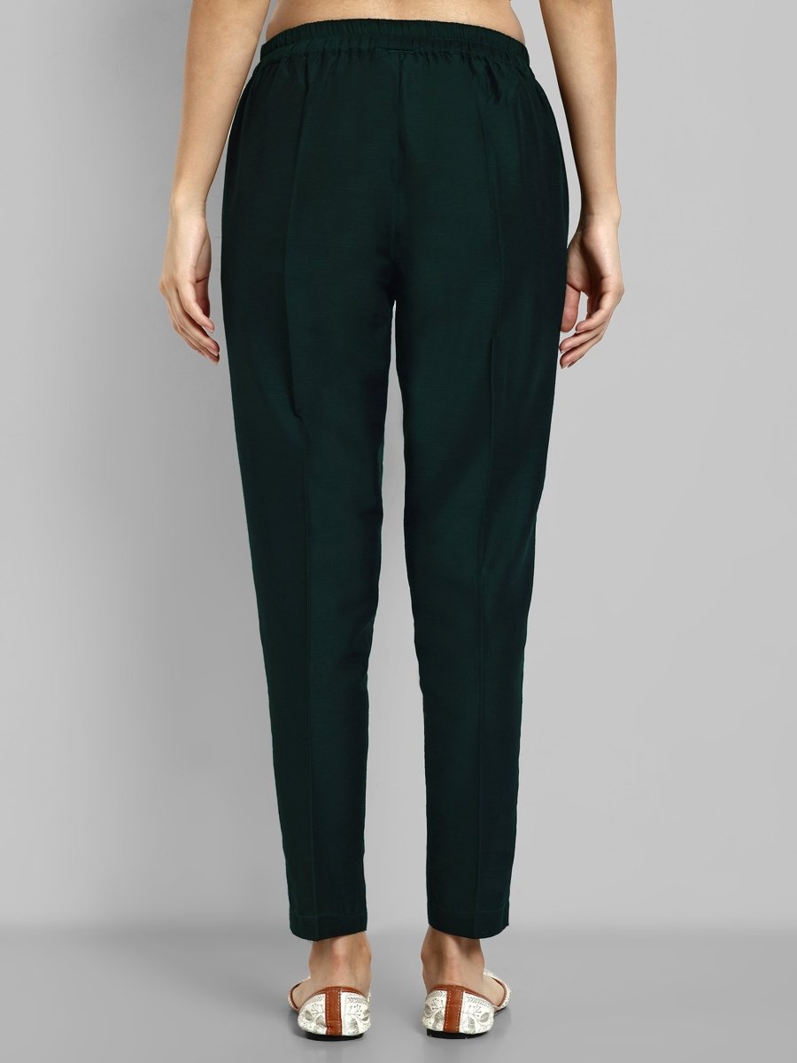 Bottle Green Straight Cotton Silk Pant with Pockets