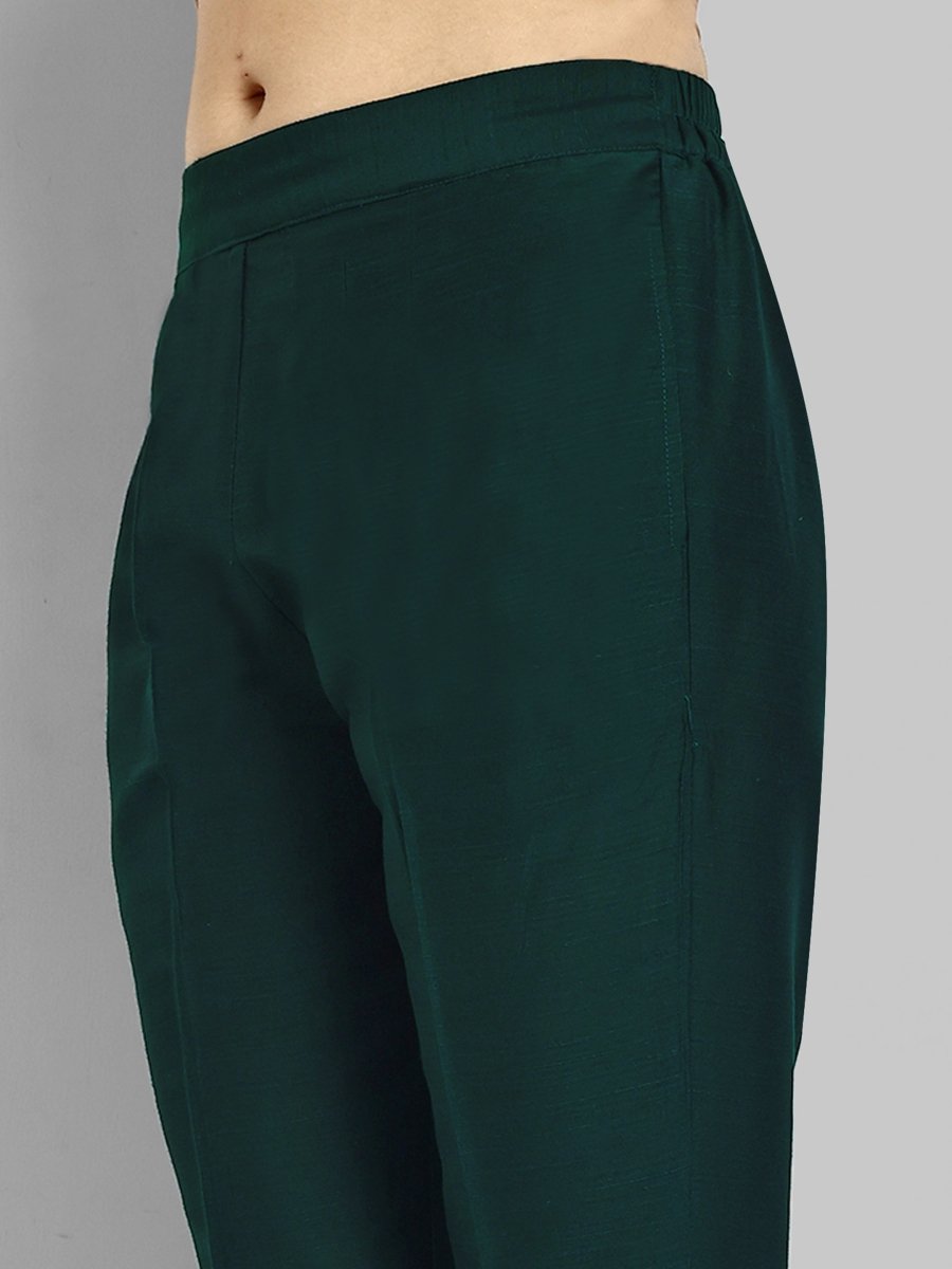 Bottle Green Straight Cotton Silk Pant with Pockets