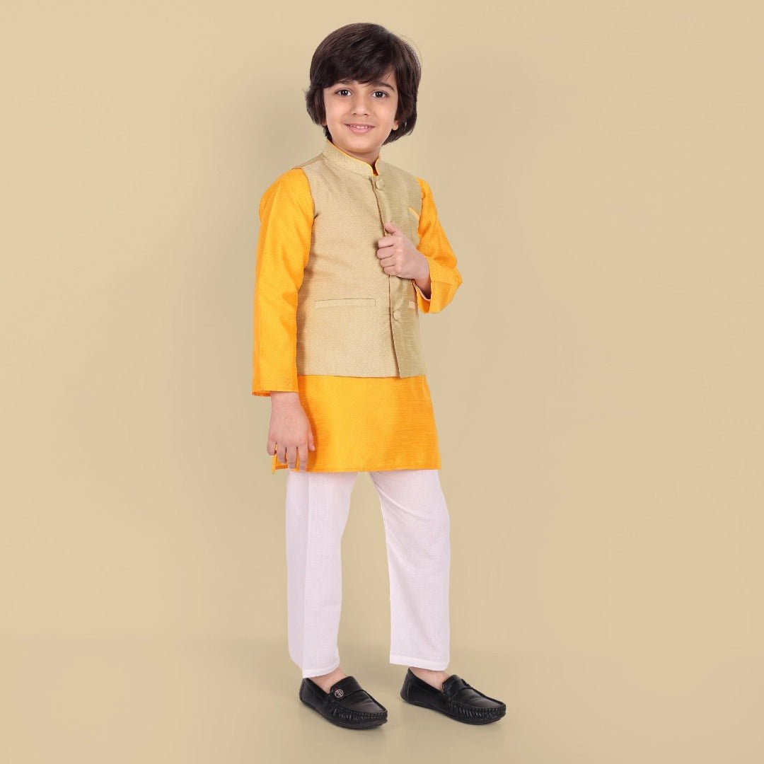 Boys Yellow Kurta with Cotton silk Jacket