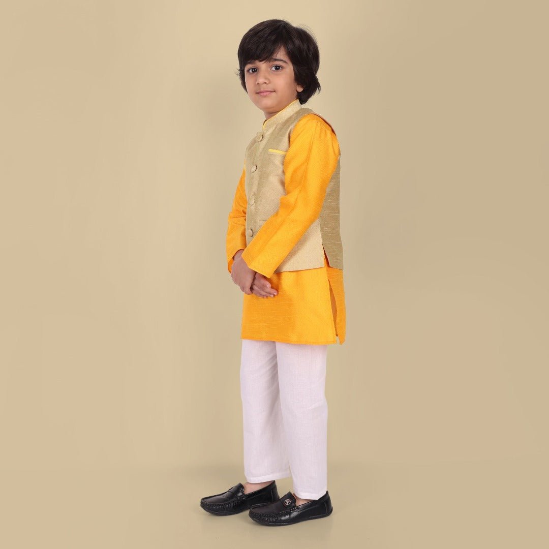 Boys Yellow Kurta with Cotton silk Jacket