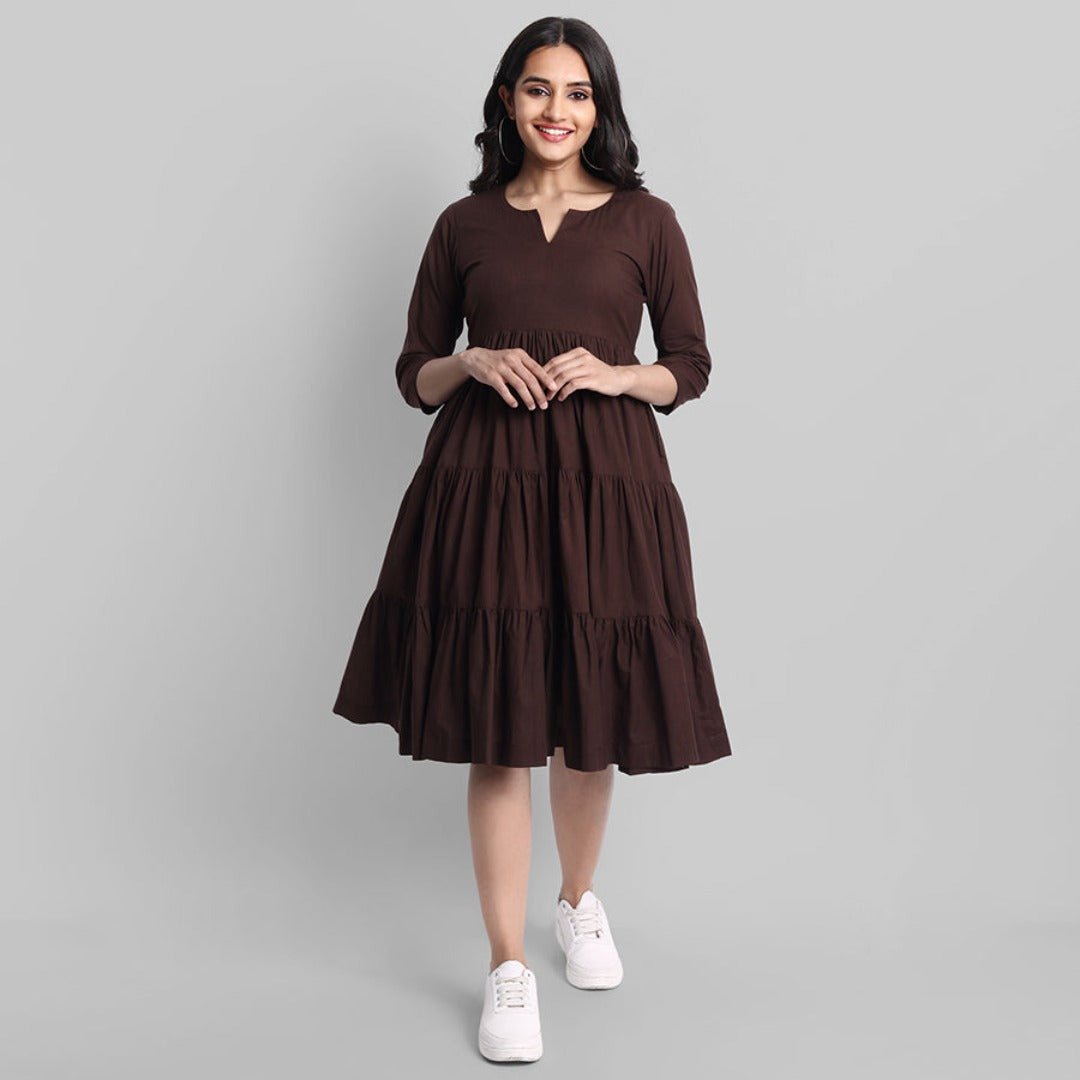 Brown Mul Cotton Graduated Short Dress