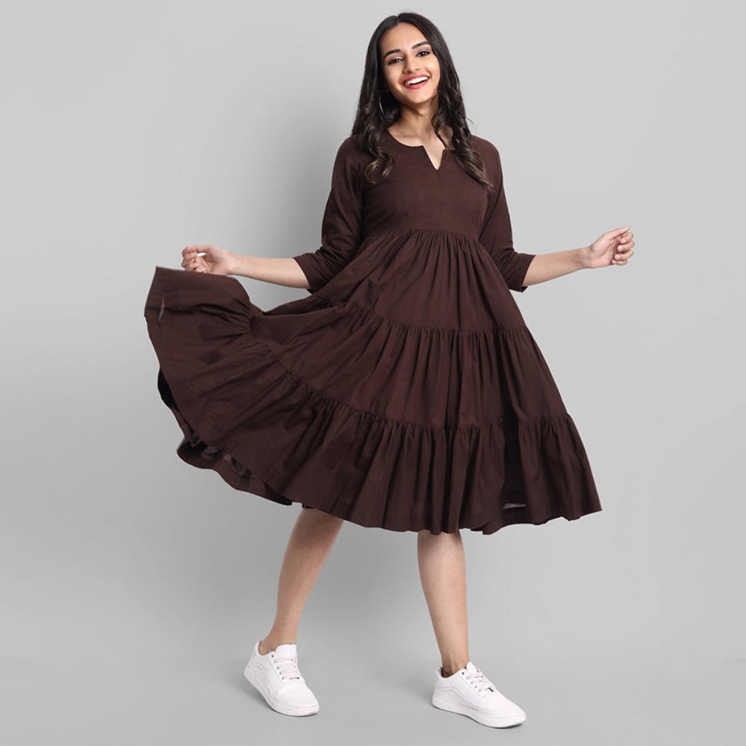 Brown Mul Cotton Graduated Short Dress