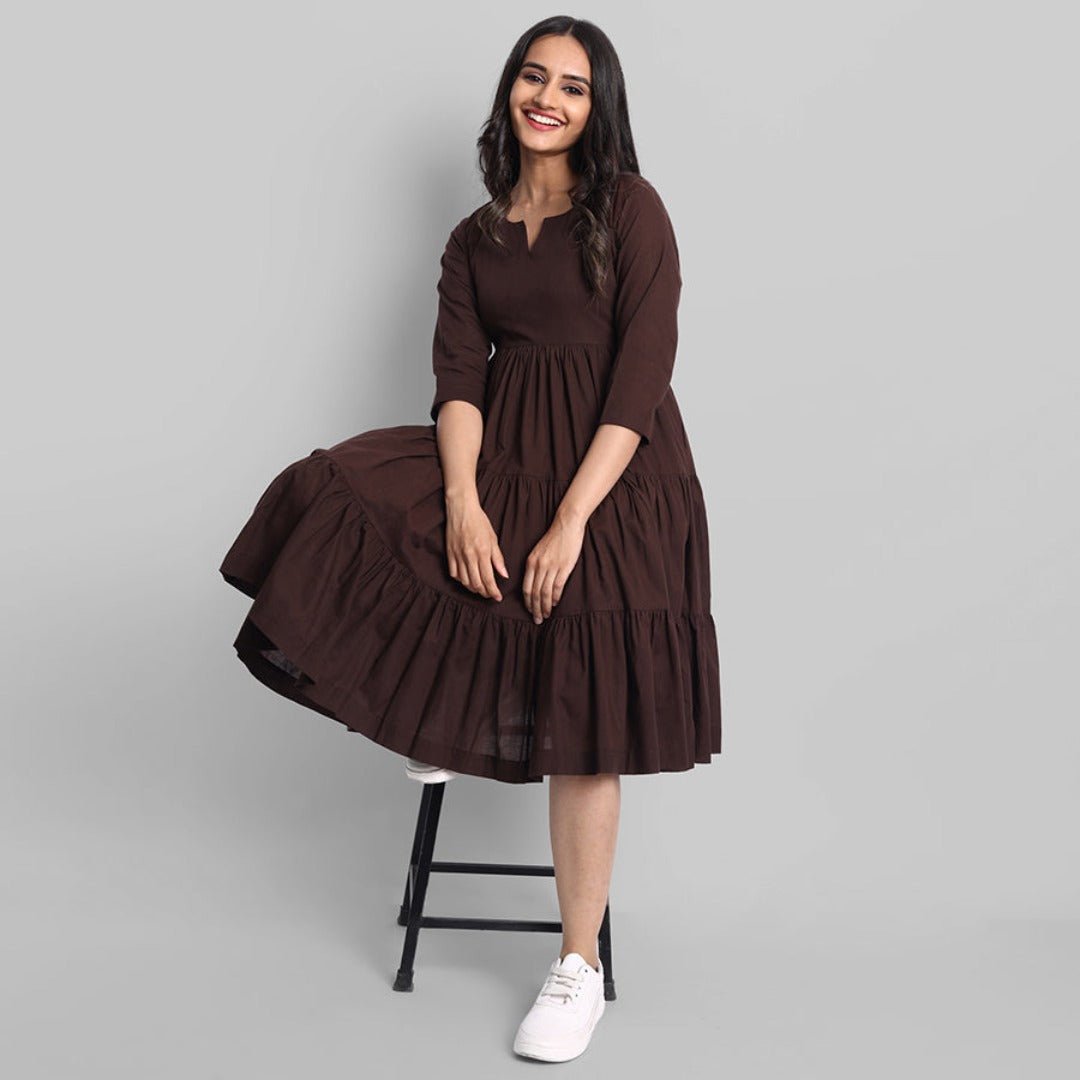 Brown Mul Cotton Graduated Short Dress