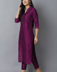 Dark Slate Gray Burgundy Cotton Silk Lapel Kurta & Pant Set