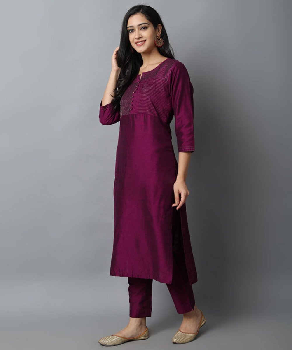 Burgundy Silk Sonapani Kurta Pants Set